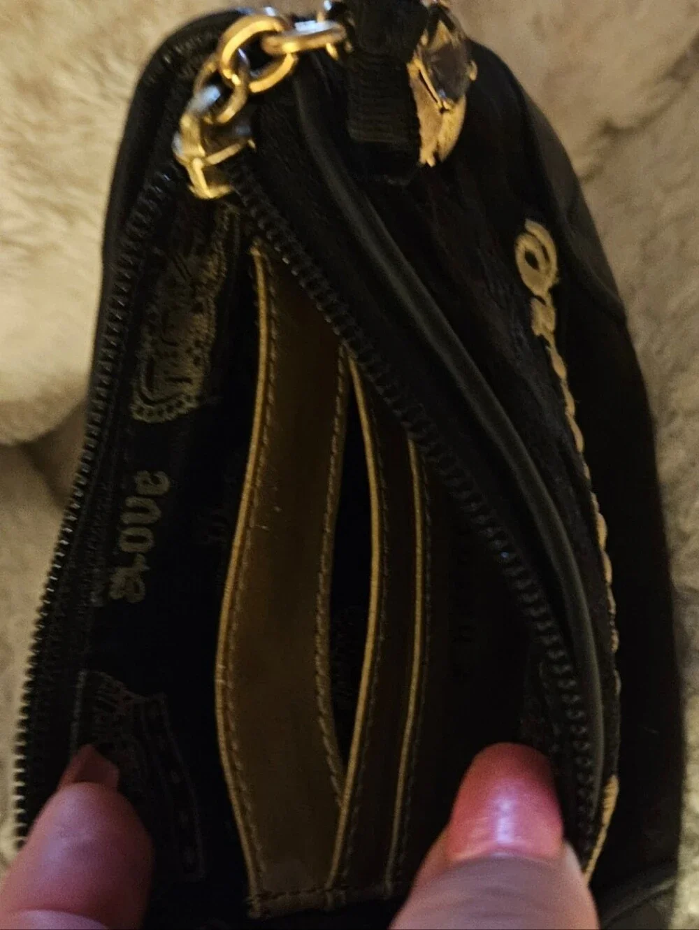 Juicy Couture Y2k Black Velour Wristlet with Gold Juicy Script Logo & Charm
